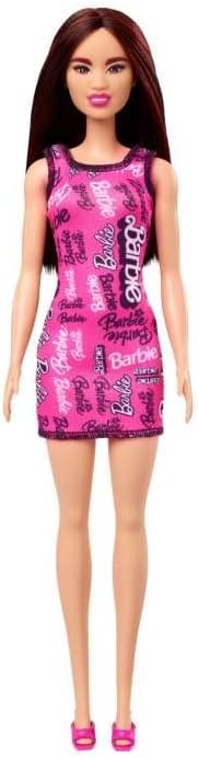 Barbie Fashion Doll with Wearing Removable Pink Tank Dress & Shoes Straight Dark Burgundy Hair with Logo Print for 3 Years & Above