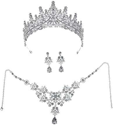 Lhelca Baroque Bridal Jewelry Set 3 Pieces Tiara Earrings Necklace, Bridal Jewelry Set, Wedding Rhinestone Crystal Party Birthday Prom Pageant Jewelry for Women Girls