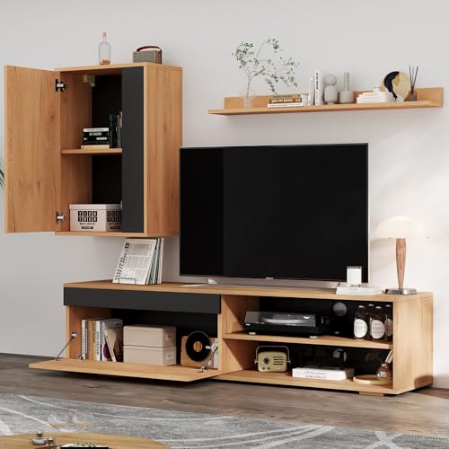 CelticHearth Juego de pared para TV, 3 piezas, 140 x 35 x 39 cm, color madera y negro, con tablero de TV, estantería de pie y estante de pared, tablero de partículas