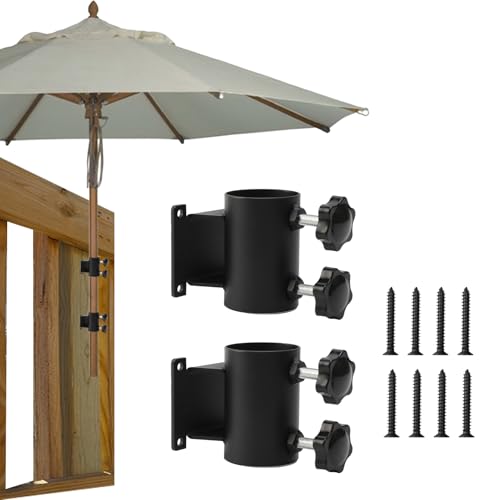 Balcony Patio Umbrella Holders, 2 Pack Outdoor Umbrella Clamps, 1.3-2 Inch Pole Clamp Mount Bracket, Rustproof Metal Umbrella Stabilizer for Deck Railing, Mount to Deck, Balcony or Outdoor Courtyard