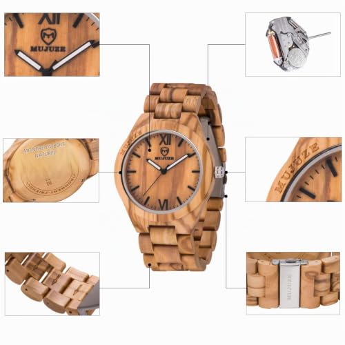 MUJUZE Montre en Bois pour Homme et Femme, Montre en Bois avec pointeur Lumineux en Bois Naturel, Montre analogique à Quartz Japonais, Bois d'olivier, 45mm, Bracelet – vue 6