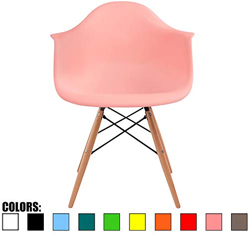 2xhome Style Eiffel Mid Century Modern Dining Arm Chair with Natural Wood Legs, Coral Pink