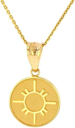 Native American Geometric Sun Symbol Dainty Disc Medallion Pendant Necklace Fine With Rolo Chain Real Solid 14Kt Gold