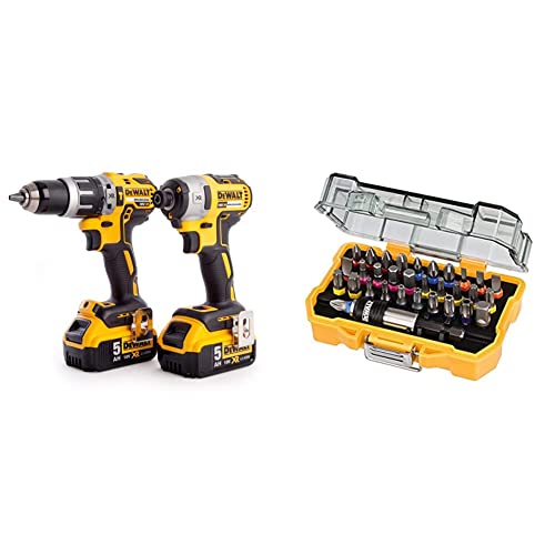 DEWALT DCK266P2T-GB XR Combi Drill and Impact Driver Brushless Kit in TSTAK Box, 1 W, 18 V, Yellow/Black & DT7969-QZ, 32 Piece XR Professional Magnetic Screwdriver Bit Accessory Set, Yellow