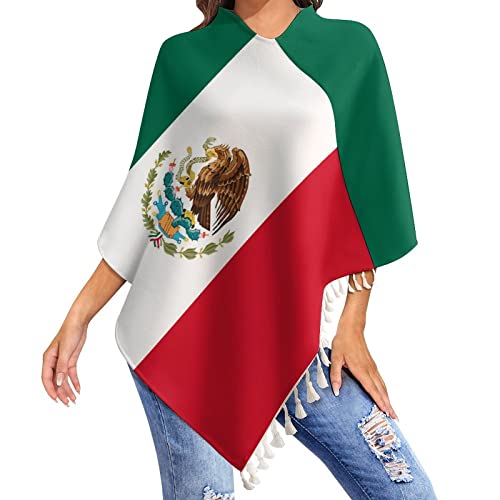 Mexico Flags Tassel Poncho Shawl Cape Wraps For Women