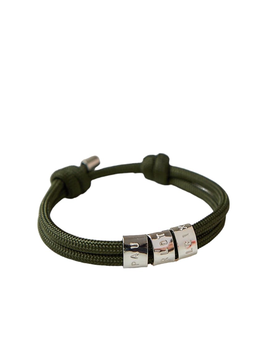 CNX JEWELS Pulsera personalizada para padre con nombres hijos. Pulsera plata con 3 nombres grabados. Pulsera cuerda y nombres plata de Ley para hombre con nudo corredizo.