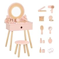 OOOK Schminktisch Kinder, Kinderschminktisch mit Hocker und Spiegel, Mädchen Frisiertisch aus Holz, Kinder Schminktisch für Mädchen ab 3 Jahre, Rosa