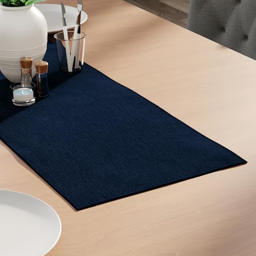 Image of Encasa XO Dining Table Runner for 4 to 6 Seater | 32x91 cm | Navy Blue | Chenille Fabric | Machine Washable