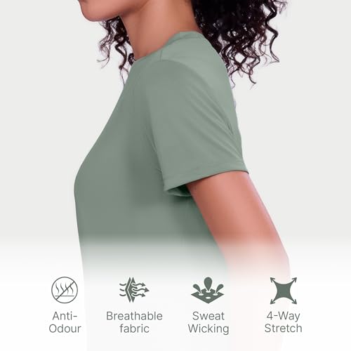 Image of Enamor Short Sleeve Crew Neck Regular Length Basic Dry Fit Workout Crew T-Shirt for Women - Relaxed Fit, Quick Dry, Antimicrobial - A309