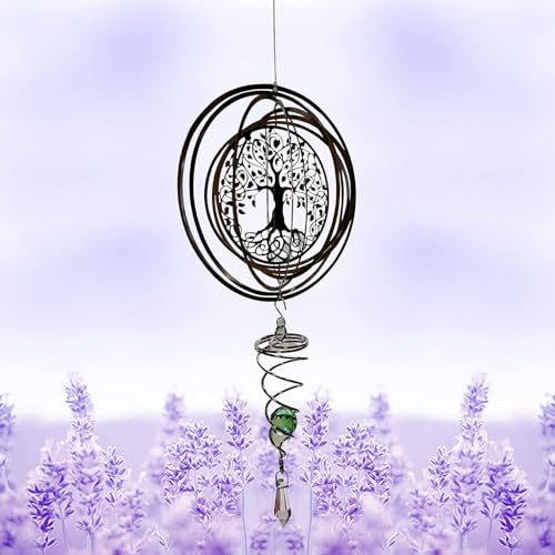 3D Windspiel aus Edelstahl mit Sichtkugel - 360° Spirale hängende Dekoration für Gärten, Terrassen & Innenräume (Baum des Lebens)