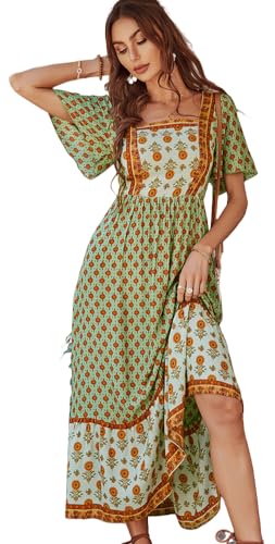 Image of Sister Amy Women's Boho Floral Print Square Neck Beach Party Flowy Ruffle Midi Dress