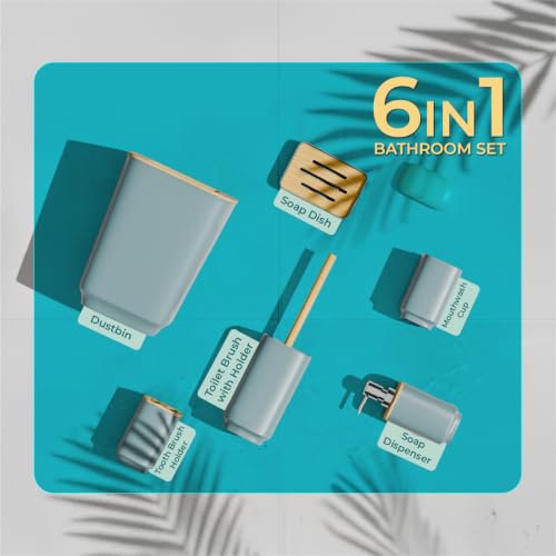Image of Lifelong Bathroom Accessories Set of 6 with Bamboo Finish | Complete Bathroom Organizer Kit with Soap Dispenser, Toothbrush Holder, Tumbler, Soap Dish, Toilet Brush & Dustbin | Sea Green