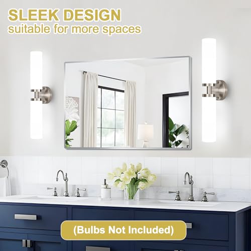 Image of Wall Sconces Set of Two, Brushed Nickel Gold Bathroom Sconces Wall Lighting with Milky White Glass, Hardwired Modern Sconces Wall Decor Set of 2 Bathroom Light Fixtures for Mirror Living Room Bedroom