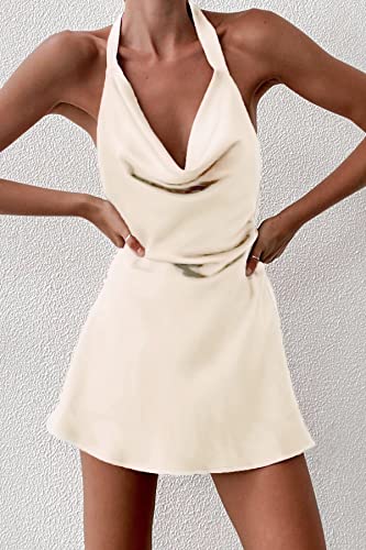 Image of Cantonwalker Women's Cowl Neck Halterneck Slip On Backless Satin Mini Dress Sexy Silky Party Club Bodycon Dresses 0213