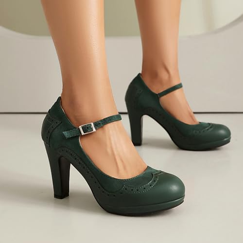 Women's Mary Jane Wingtip Classic and Retro 1920s Pump Heels Oxford Pattern Vintage Round Closed Toe 1950s Ankle Strap Dress Shoes4