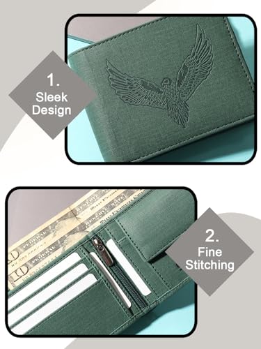 Image of SAMTROH Vegan Leather Wallet for Men | Vintage Printed | Premium Vegan Leather Craftsmanship | 3 Card Slots I 2 Cash Compartments & Secret Slots | 1 Coin Pocket. (Eagle, Green)