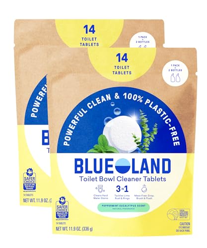BLUELAND Toilet Bowl Cleaner Tablets, 2-Pack, 28 Count, Peppermint Eucalyptus, Plastic-Free, No Harsh Chemicals, Plant-Based
