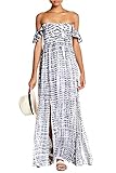 Tiare Hawaii - Hollie Off The Shoulder Maxi Dress with Raffia Grey White Flowy Floral Vintage Spring & Summer Collection Strapless Cocktail Prom Maxi with 100% Rayon.