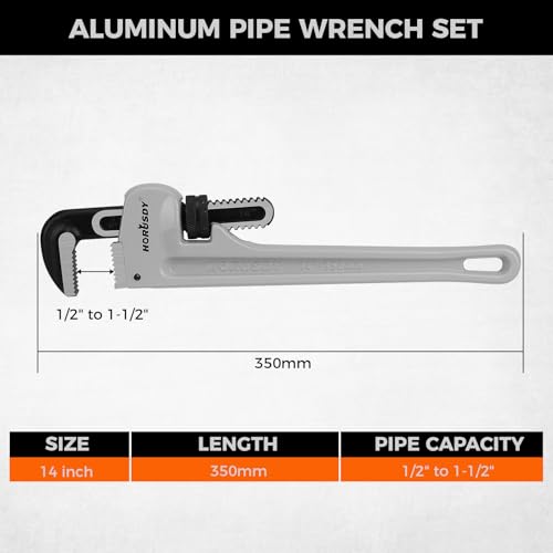 Image of HORUSDY Pipe Wrench 14-Inch, Aluminum Heavy Duty Adjustable Straight Plumbing Pipe Wrench, 350mm, 1 /2 inch-1-1 /2 inch Capacity, Lightweight Gray Tool with Strong Grip for Pros, Maintenance & DIY