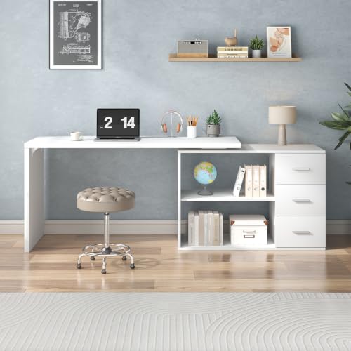 Image of HSH White L Shaped Computer Corner Desk with 3 Storage Drawers 60 inch | Reversible Home Office Corner Desk with 2 Open Side Shelves Modern Wood Executive L Desks for Bedroom,Study Workstation