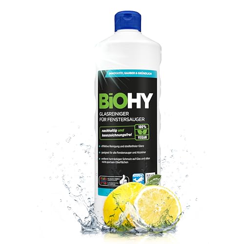 BiOHY Glasreiniger für Fenstersauger (1l Flasche) | Fensterreiniger Konzentrat für alle Fenstersauger | Bio Reinigungsmittel sorgt für streifenfreien Glanz | Glasreiniger | Fensterputzmittel