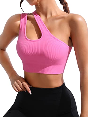 Verdusa Women's One Shoulder Cut Out Sports Bra Workout Yoga Top Hot Pink S #TOP14
