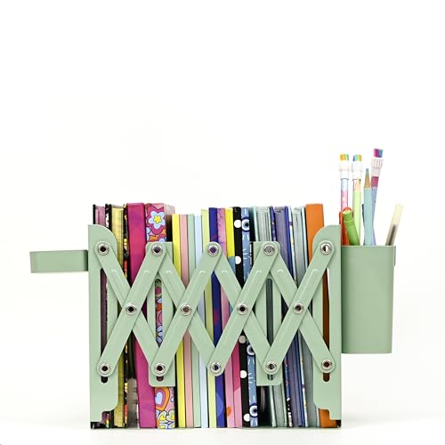 Image of Adjustable Bookend Organizer with Pen Holder | Expandable Desk Bookshelf for Office, Study, and Home | Book Rack Stand for Books, Files & Stationery (Extends Up to 17 Inches) - Green