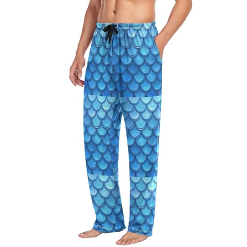 Men’s Blue Mermaid Scales Pajama Pants with Pockets, Comfortable Lounge Sleep Bottoms#3134