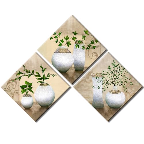 PIY PAINTING Quadro su Tela Piante Verdi in Vaso, Botanico Stampati su Tela, Moderni Wall Art Quadri per Cucina Camera da Letto Ufficio, 3 Pezzi 30x30cm, con Telaio Incorporato
