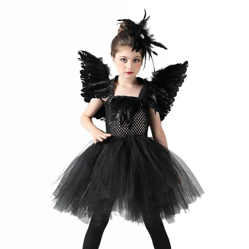 Kids Girls Black Swan Dress Outfits Tutu Ballet Skirt Dress with Wings Hair Clips Toddler Holiday Outfits Clothes2