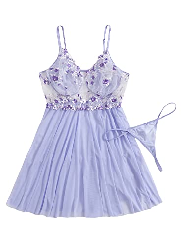 WDIRARA Women's Plus Size Floral Embroidered Mesh Lingerie Babydoll Dress with Panty Lilac Purple 3XL