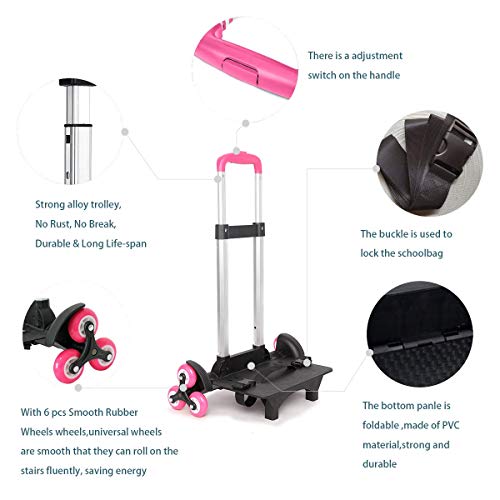 PROTAURI Foldable Trolley Cart for School Bags - Wheeled Hand Truck for Kids,Student\'s Luggage Travel Hand Cart with Buckles(6 Wheels)