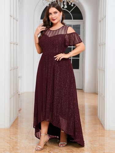 Image of ZOMVA Plus Size Sparkly Mesh Maxi Dress Cold Shoulder Ruffle Sleeve High Low A Line Dresses Wedding Guest Cocktail Party