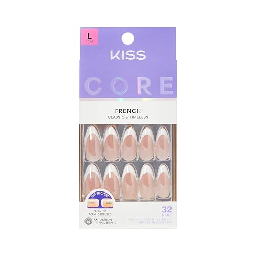 Kiss Core, Press On Nails, Nail glue included, 'Fascinating', White, Long Size, Almond Shape, Includes 32 Nails, 2g Glue, 1 Manicure Stick, 1 Mini File