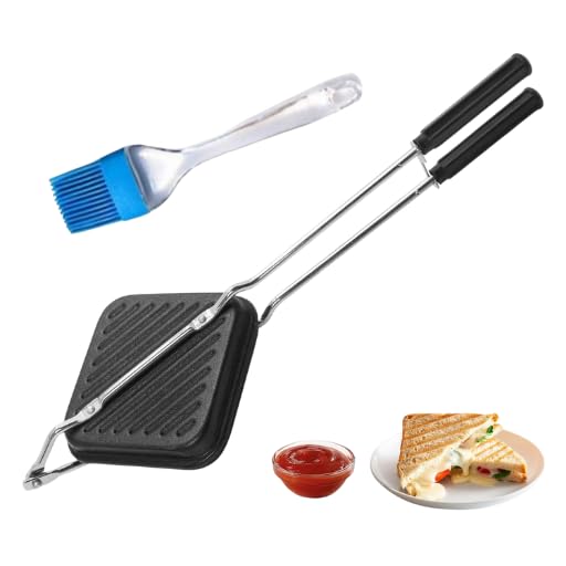 Non-Stick Grill Toaster for Gas Stove with Silicone Butter Brush | Double Non-Stick Grill Coating | Gas Compatible Sandwich Maker | Kitchen Tools Combo for Toast & Grilled Snacks