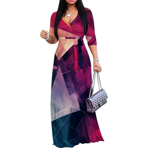 Image of PinkPatty Women's Plus Size Maxi Dresses Casual Flowy 3 /4 Sleeves Dress Printed Vacation Dress for Daily Wear with Belt