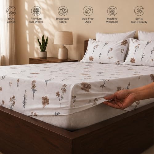 Image of HOMEMONDE King Size Elastic Bedsheet, 100% Pure Cotton Fitted Bedsheet With Two Pillow Covers |186 TC Soft & Breathable Floral Printed Bed Sheet | (78 x 72 Inches Up to 8-Inch Mattress, Prairie Charm)