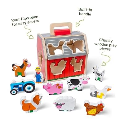 Melissa & Doug Take-Along Wooden Toy Barn, 11-Pc Portable Toddler Playset with Farm Animals & Pop-Up Roof, Preschool Learning Toys for Girls & Boys 2+