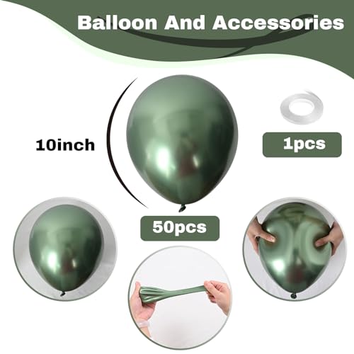 Image of Jobkoo Green Metallic Balloons, 50Pcs 10Inch Chrome Dark Green Balloons Metallic Retro Sage Olive Green Party Balloons Hunter Green Chrome Helium Balloon for Jungle Birthday Graduation Wedding Decor