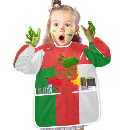 GuoChe - Delantal de pintura impermeable para niños con 2 bolsillos para niños de 2 a 4 años, manga larga para cocinar manualidades, arcilla, Bandera Nacional de Omán, M