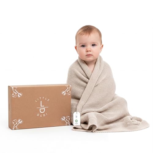 Image of Organic Cotton Baby Blanket 30x40 in, Stone - GOTS Certified, Soft Knit Swaddle with Gift Box, Breathable Nursery Blanket for Crib & Stroller, Machine Washable