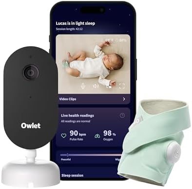 Owlet Dream Duo (Gen 3) Smart Baby Monitor All-in-One Bundle - 2K HD Video Baby Monitor with Alerts & Owlet Dream Sock Tracks Baby’s Oxygen, Heart Rate & Sleep | Health Insights via App