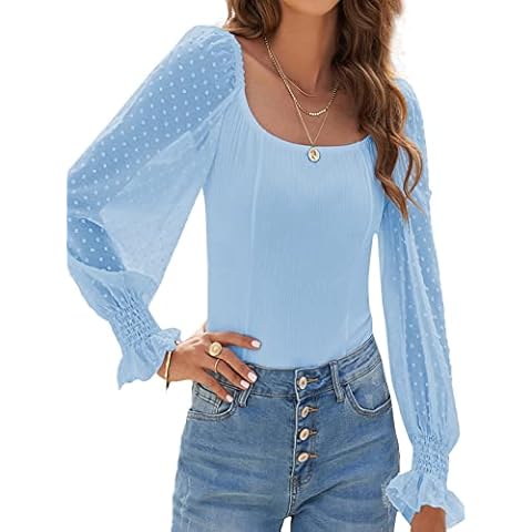 LYANER Women's Scoop Neck Swiss Dot Long Sleeve Ribbed Knit Bodysuit Leotard Top, Blue, S Cover