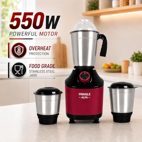 Image of Pringle Alfa 550W 3 Jar Mixer Grinder for Kitchen | 3 SS Jars (Liquidizing, Wet & Dry Grinder & Chutney) | Stainless Steel Blades | Compact & Powerful | 5 Yr Warranty | Red