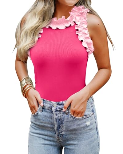 Image of WAYMAKER Women's Sleeveless Racer Back Ruffle Mock Turtle Neck Ribbed Bodysuit Tank Tops