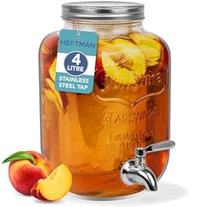 Glass Drink Dispenser with Tap – 4 Litre Mason Jar Drink Dispenser with Leakproof Stainless Steel Tap & Ice Cylinder Fridge Water Dispenser, Punch, Cocktails, Empty Beverage Dispenser