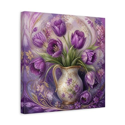 Toile tulipes violettes au-dessus du canapé pour créer un salon cocooning chic