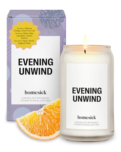 Homesick Scented Candles for Home (Evening Unwind) - 13.75 oz Long-Lasting Natural Soy Wax Blend Jar Candle Gifts for Women & Men, 60-80 Hours Burn Time - Notes of Valencia Orange, Melon & Moss