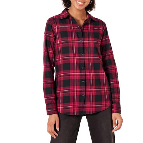 Amazon Essentials Camisa de Franela Ligera a Cuadros de Manga Larga y Ajuste clásico para Mujer, Color Negro y Rosa, Talla XS
