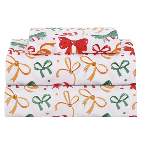 Softan Kids Bed Sheet Set, Boys/Girls Twin Size Sheets, Microfiber Kids Fitted Sheet and Pillowcase, Breathable and Silky Soft, 3 Piece Christmas Bowknot Printed Twin Bed Sheet